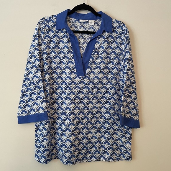 Sigrid Olsen Tops - Sigrid Olsen Linen Patterned Tunic Top Blue L Resort Beach Coastal Sustainable